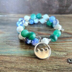 Ocean Beach Charm Bracelet Beaded Gemstone Blue Green Cruise Vacation - NWT